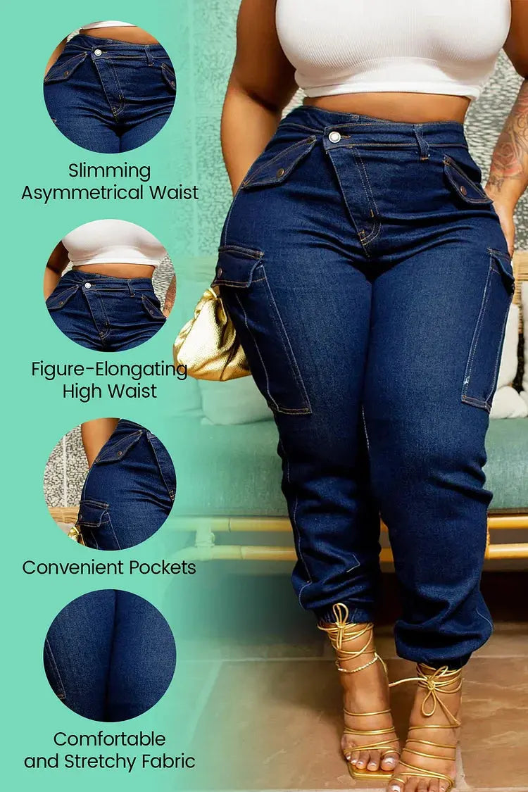 FZ Women's Plus Size Daily Asymmetric Waist With Pocket Cargo Denim Pants Xpluswear