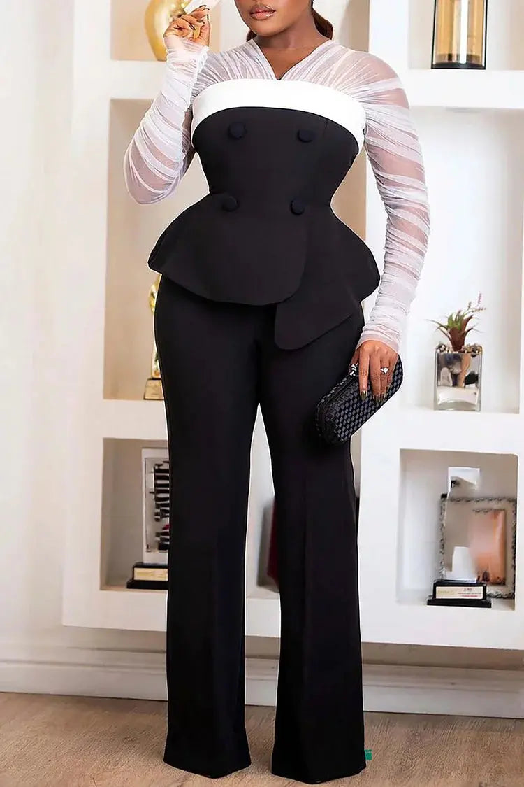 FZ Women's Plus Size Elegant  See-Through Knitted Two Piece Pant Suit Xpluswear