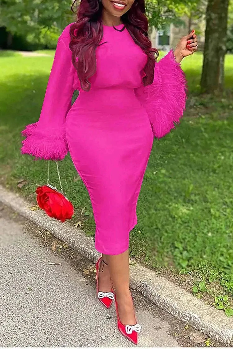 FZ Women's Plus Size Feather Solid Color Flare Sleeve Midi Dress Figure Dress