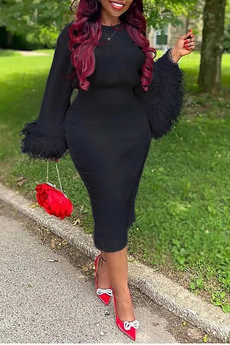 FZ Women's Plus Size Feather Solid Color Flare Sleeve Midi Dress Figure Dress