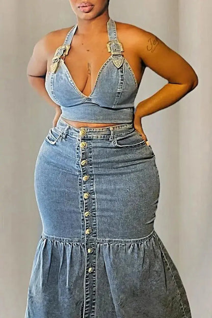 FZ Women's Plus Size Party Blue V Neck Two Piece Denim Skirt Suit OLIVIA MARKS