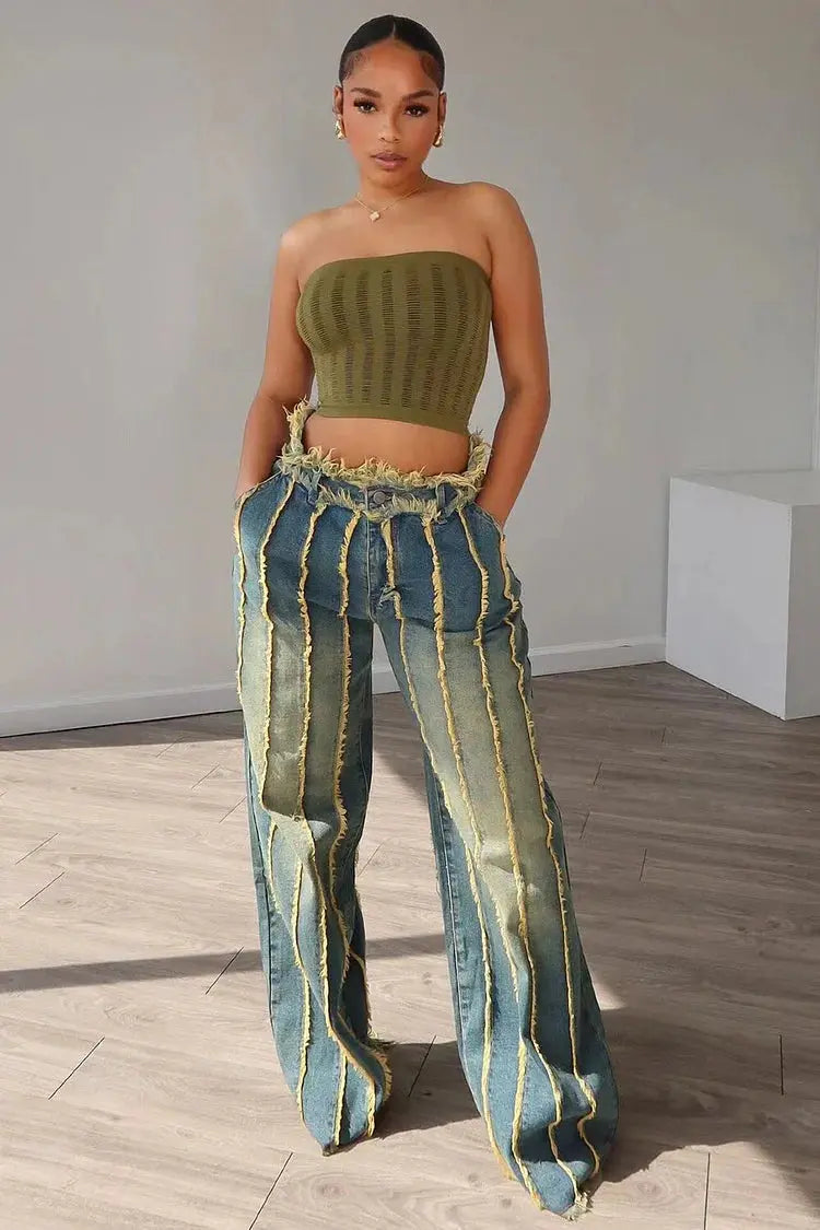 FZ Women's Raw Edge Distressed High Waist Wide Leg Denim pants Loragal