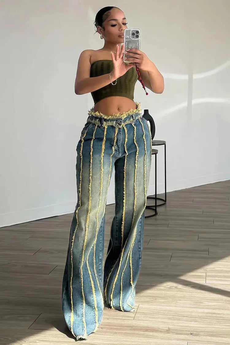 FZ Women's Raw Edge Distressed High Waist Wide Leg Denim pants Loragal