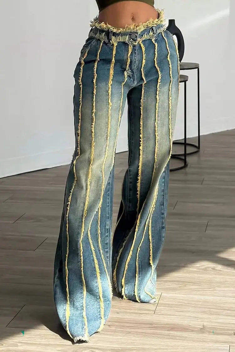 FZ Women's Raw Edge Distressed High Waist Wide Leg Denim pants Loragal