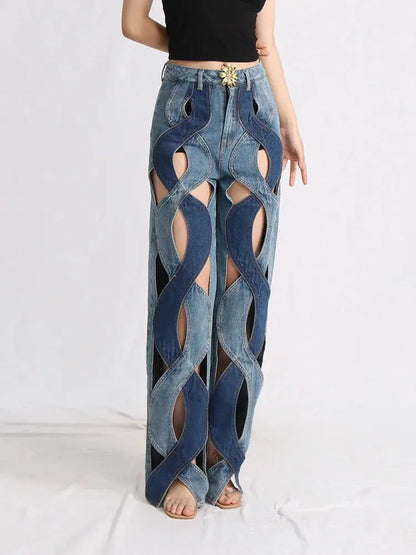 FZ Women's Sexy Hollow Out High Waist Patchwork Wide Leg Denim Pants SUE DREAM Official Store