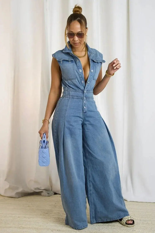 FZ Women's Sleeveless Button Down Cinch Waist Flare Leg Denim Jumpsuit Loragal