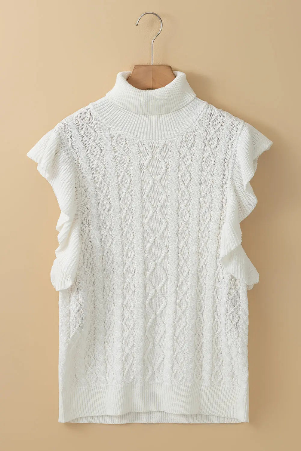 FZ Women's White Turtle Neck Cable Knit Ruffled Sweater Top FZwear