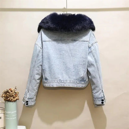 Fashion Denim Overalls Parkas Women Winter Real Fox Fur Collar Rabbit Fur Liner Warm Loose Short Washed Distressed Jacket Female FZwear