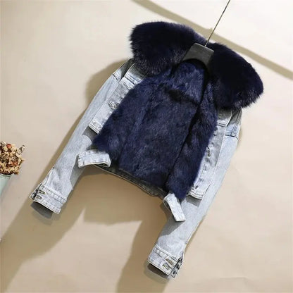 Fashion Denim Overalls Parkas Women Winter Real Fox Fur Collar Rabbit Fur Liner Warm Loose Short Washed Distressed Jacket Female FZwear