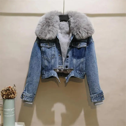 Fashion Denim Overalls Parkas Women Winter Real Fox Fur Collar Rabbit Fur Liner Warm Loose Short Washed Distressed Jacket Female FZwear