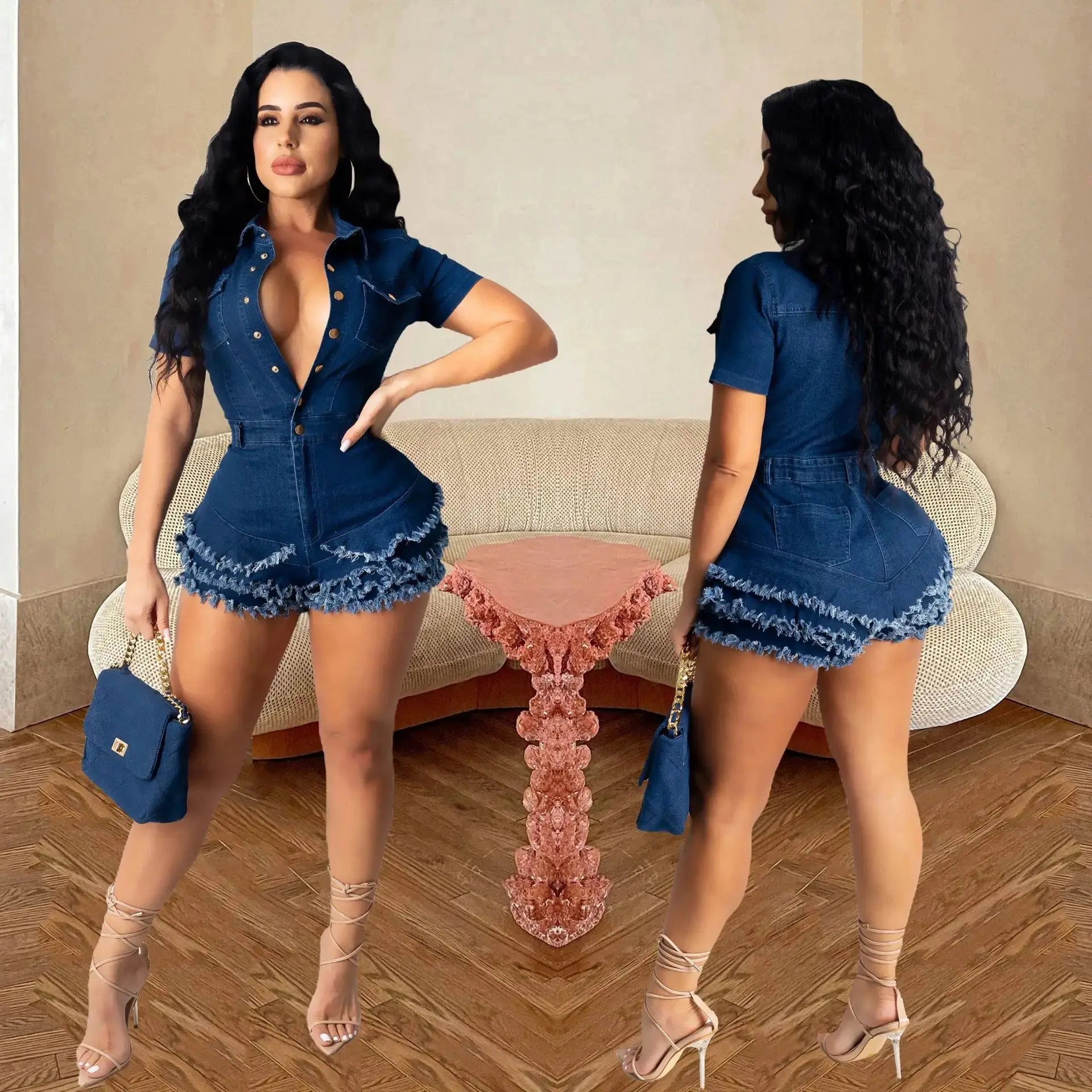 Fashion Denim Tassel Women Jumpsuit Short Sleeve Single Breasted Bodycon Shorts One Piece Streetwear Casual Romper Playsuits FZwear