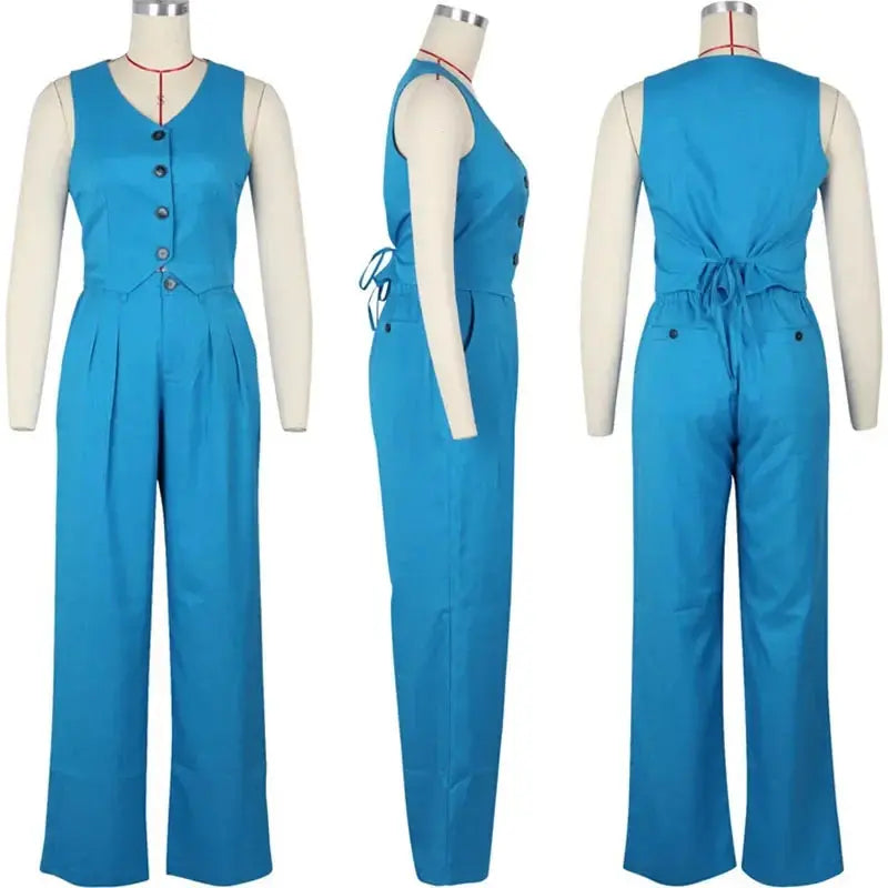 Fashion Elegant Two Piece Set for Women Workwear Office Lady Sleeveless Vest Single-breasted Top + Wide Leg Pants Business Suit FZwear