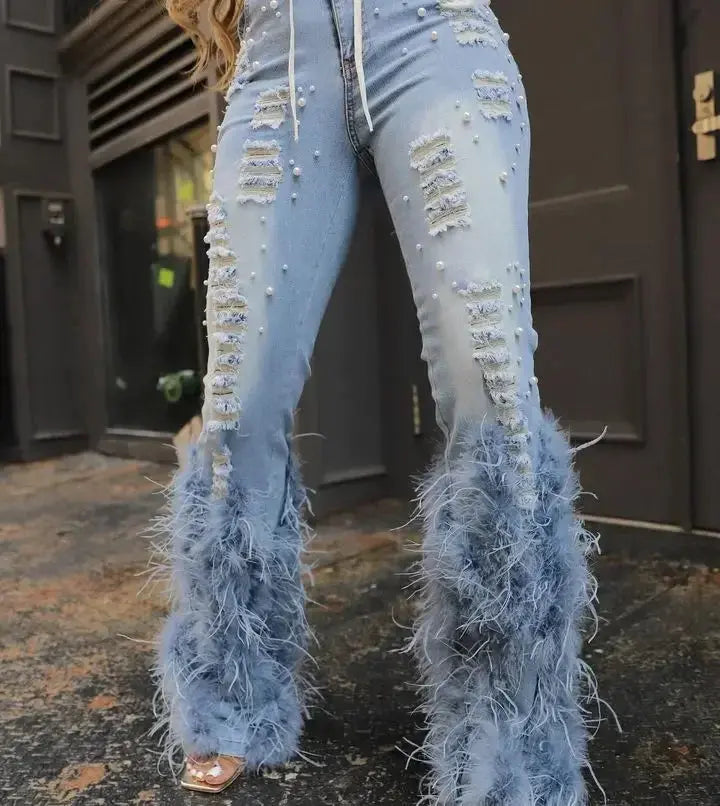 Fashion Feathers Beading Ripped Hole Denim Pants Summer High Wasit Jeans Casual Matching Y2K Streetwear Stretch Cargo Jean Pants FZwear