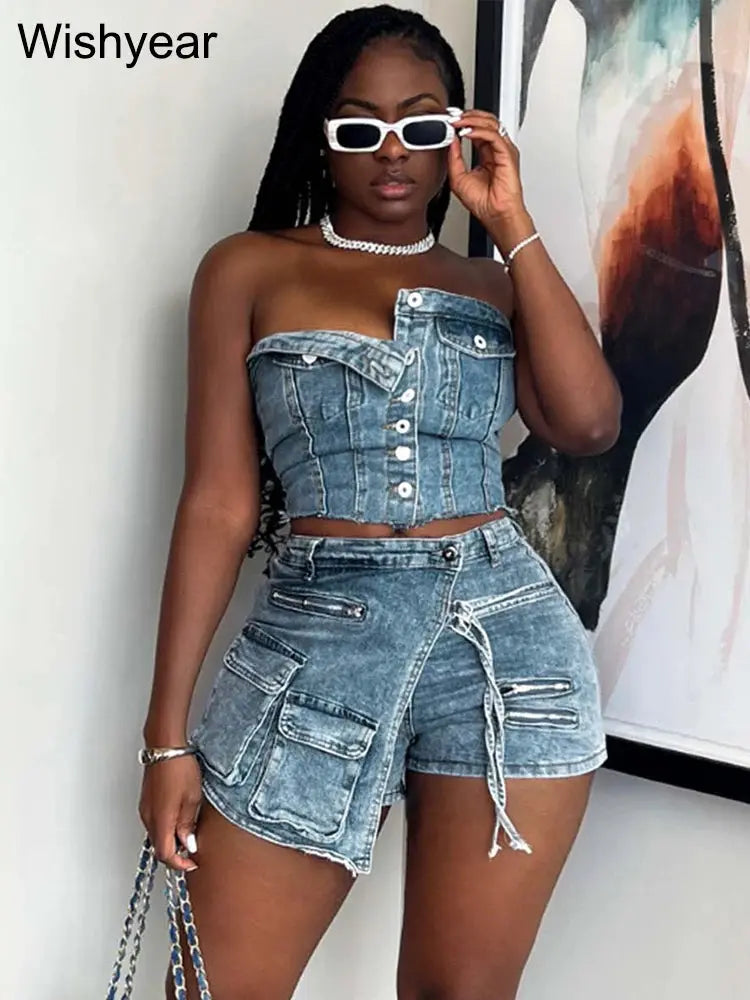 Fashion Pocket Irregular Shorts and Tube Tops 2 Two Piece Sets Denim Stretch Women Summer Birthday Club Outfit Female Streetwear FZwear