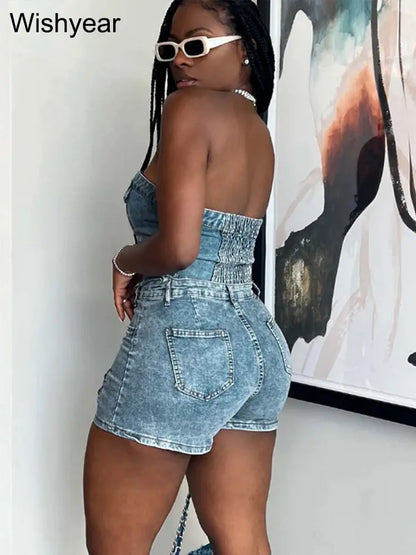 Fashion Pocket Irregular Shorts and Tube Tops 2 Two Piece Sets Denim Stretch Women Summer Birthday Club Outfit Female Streetwear FZwear