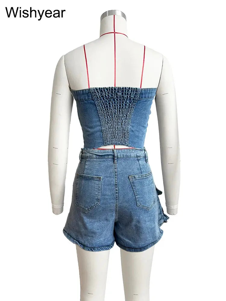 Fashion Pocket Irregular Shorts and Tube Tops 2 Two Piece Sets Denim Stretch Women Summer Birthday Club Outfit Female Streetwear FZwear