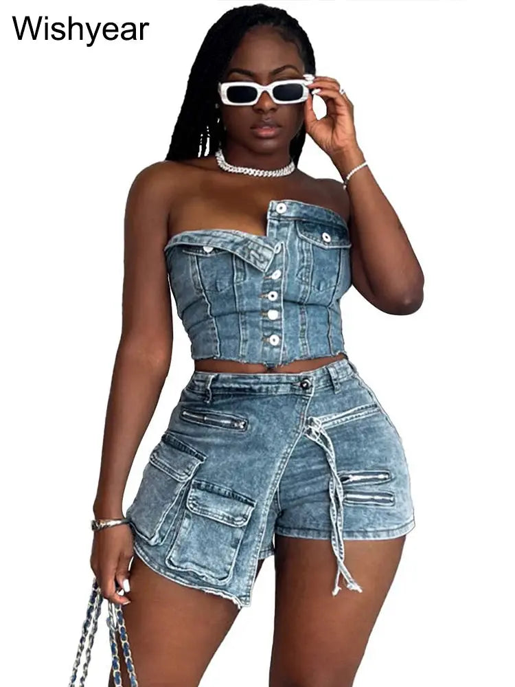 FZ Women's Irregular Stretch Two Piece Denim Shorts Suit