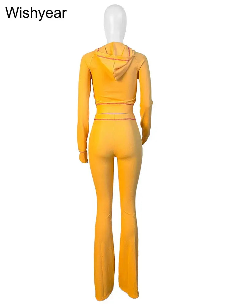 Fashion Yellow Long Sleeve Hooded Crop Jacket Top and Jogger Flare Pants Two 2 Piece Set Women Sweatsuit Tracksuit Matching Suit FZwear