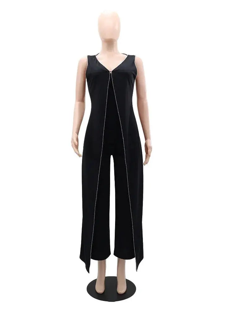 Fashionable Urban Women's Workwear Sexy V-neck Sleeveless Jumpsuit Temperament Splicing Personalized Design Straight Leg Pants FZwear