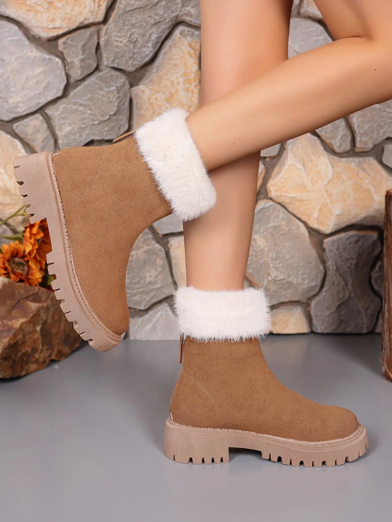 Faux Fur Trim Suede Platform Boots Trendsi