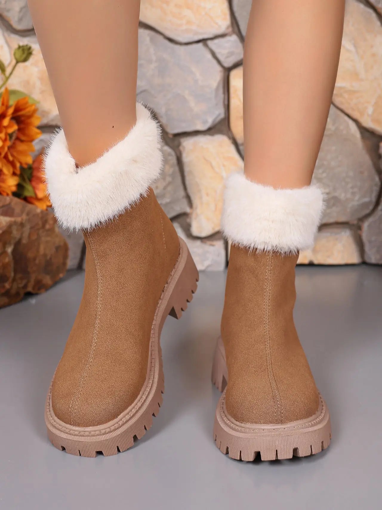 Faux Fur Trim Suede Platform Boots Trendsi