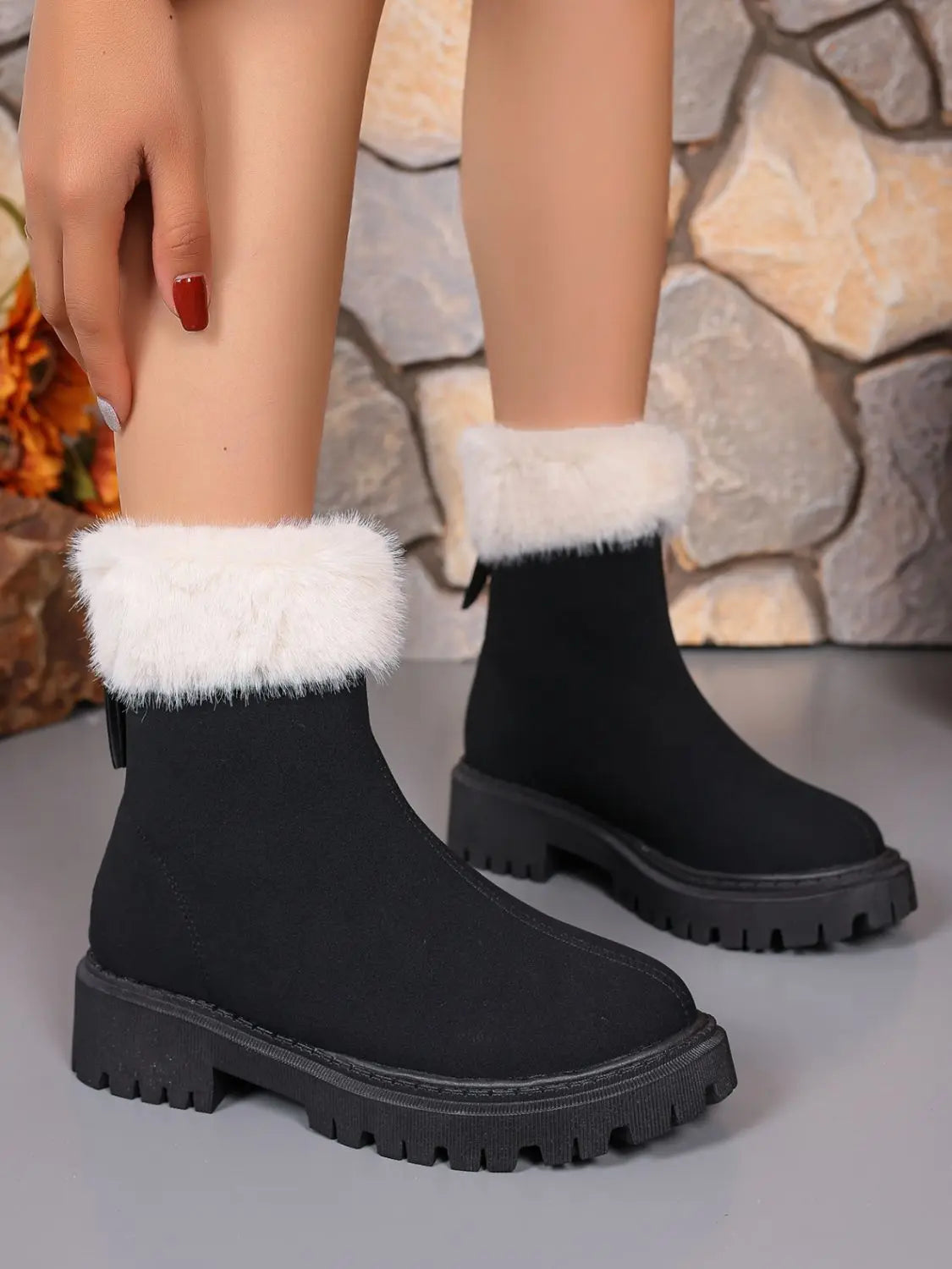 Faux Fur Trim Suede Platform Boots Trendsi