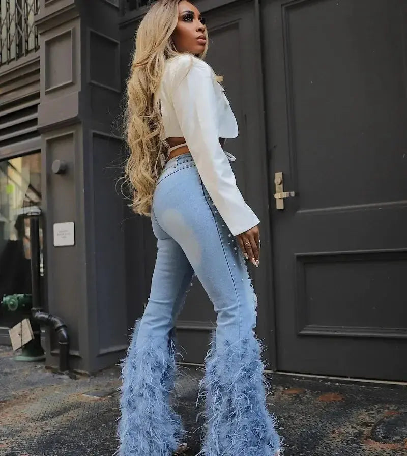 Feathers Splice Pearls Holes Denim Pants Women 2024 Autumn Winter High Waist Slim Casual Jeans Trousers Y2K Streetwear Bottoms FZwear