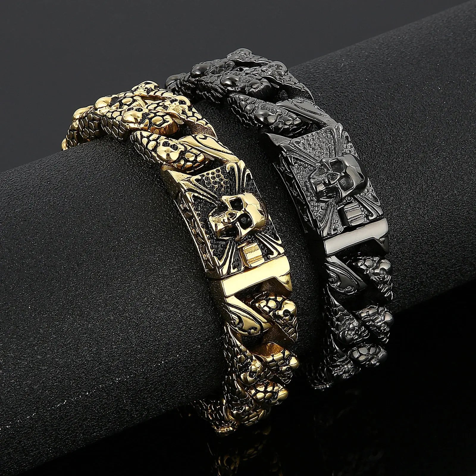 Fongten Gothic Mens Bracelets Stainless Steel Skull Franco Curb Chain Bracelet For Men Multiple Color Skeleton Armband Jewelry FZwear