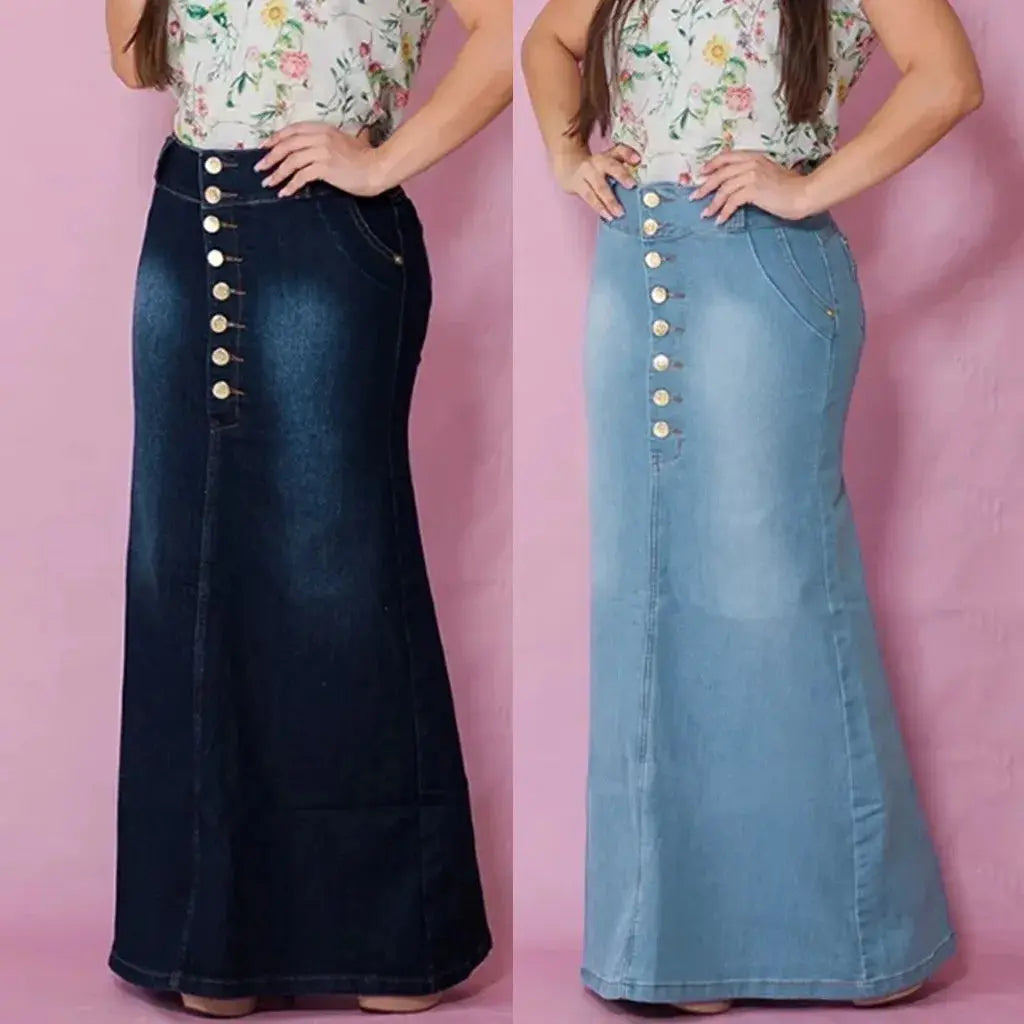 Front Button Washed Denim A-line Skirts For Teen Girls High Waisted Long Jean Skirt For Women Midi Length Faldas Mujer Moda 2023 FZwear