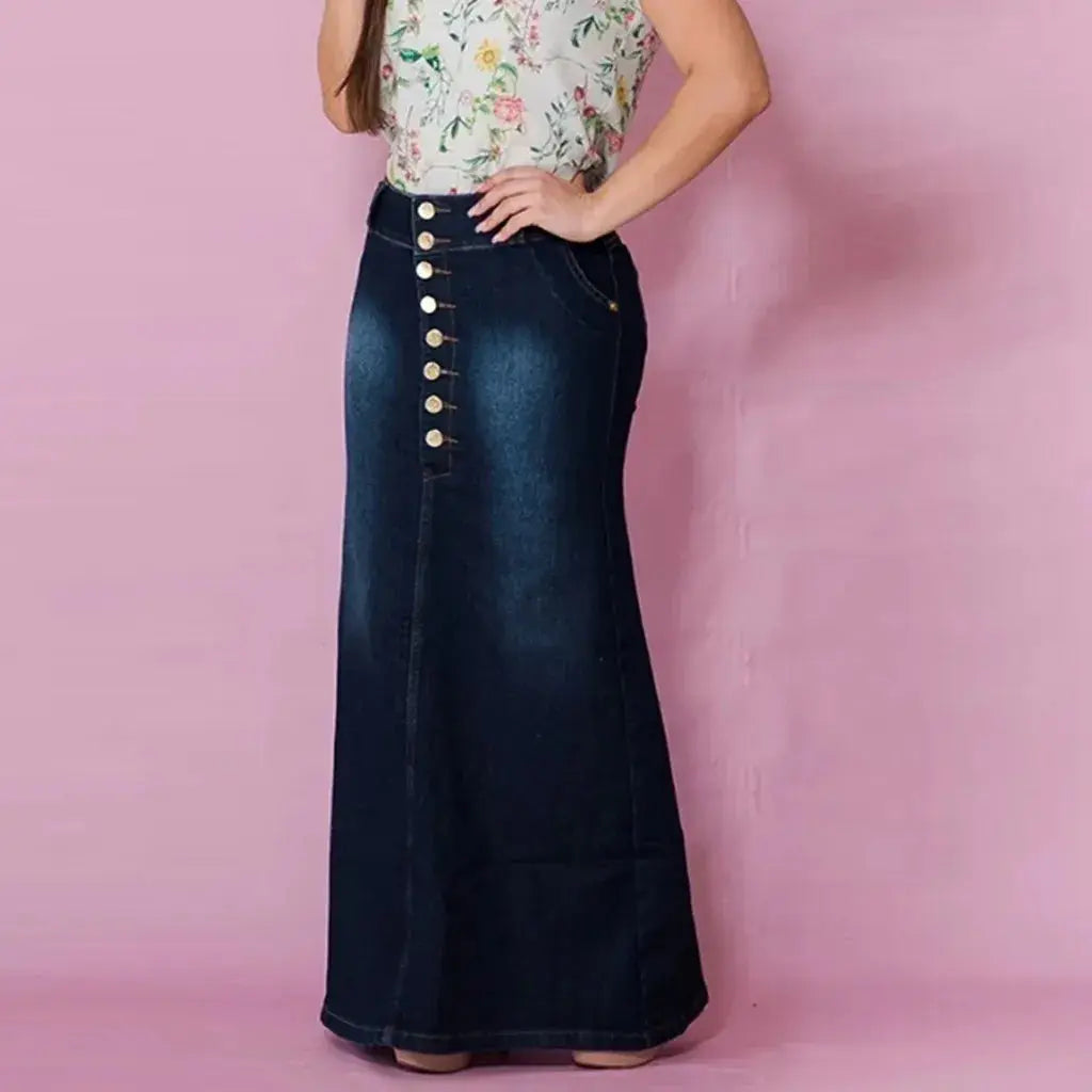 Front Button Washed Denim A-line Skirts For Teen Girls High Waisted Long Jean Skirt For Women Midi Length Faldas Mujer Moda 2023 FZwear