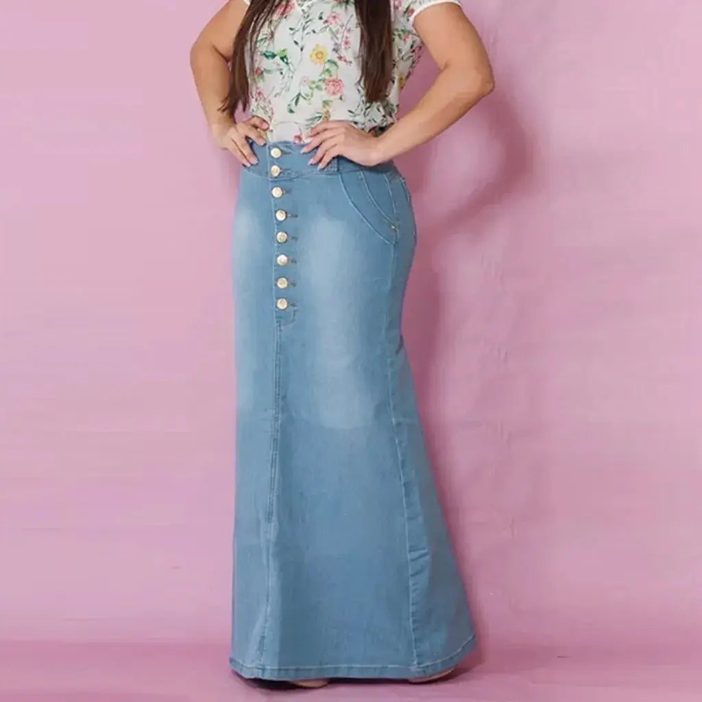 Front Button Washed Denim A-line Skirts For Teen Girls High Waisted Long Jean Skirt For Women Midi Length Faldas Mujer Moda 2023 FZwear