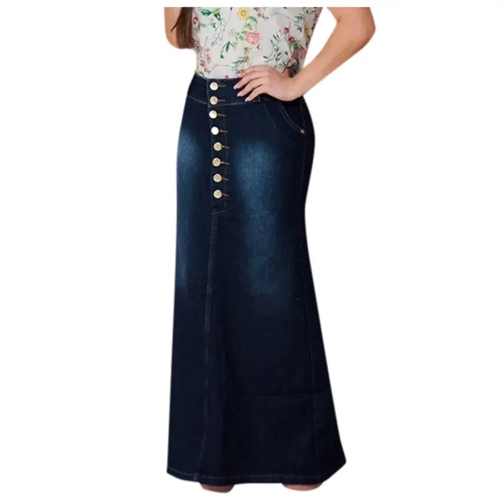 Front Button Washed Denim A-line Skirts For Teen Girls High Waisted Long Jean Skirt For Women Midi Length Faldas Mujer Moda 2023 FZwear