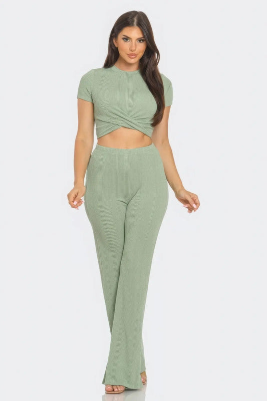 Front Twist Detail Top And Flare Pants Set CCWHOLESALECLOTHING