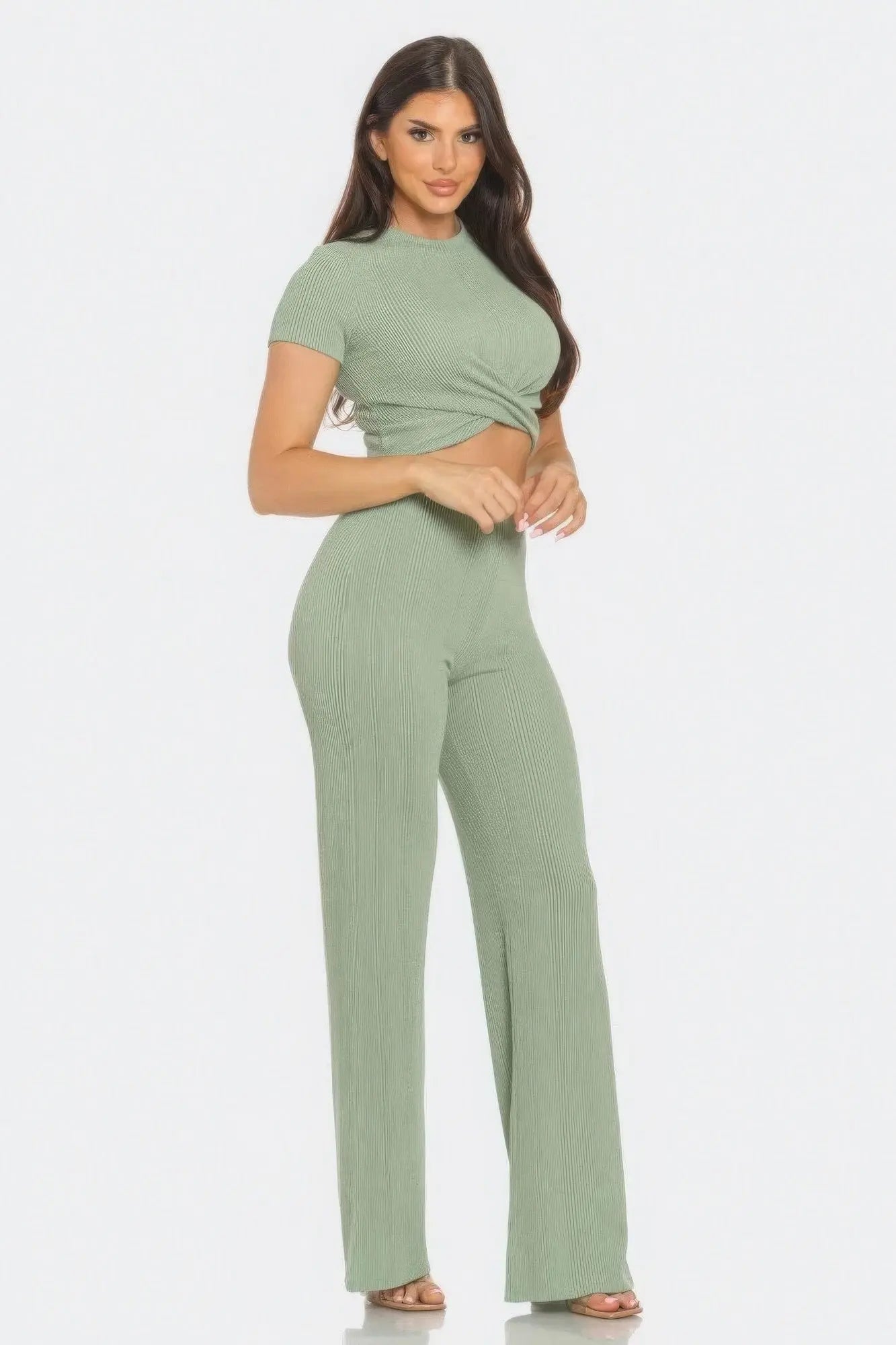 Front Twist Detail Top And Flare Pants Set CCWHOLESALECLOTHING