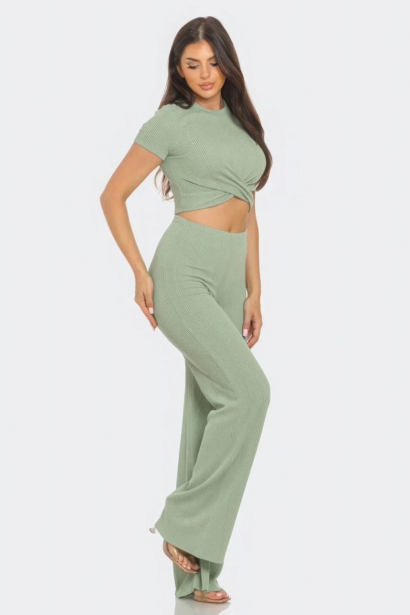 Front Twist Detail Top And Flare Pants Set CCWHOLESALECLOTHING