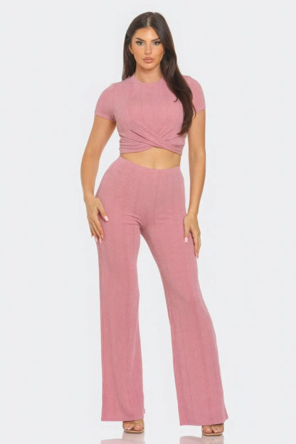 Front Twist Detail Top And Flare Pants Set CCWHOLESALECLOTHING