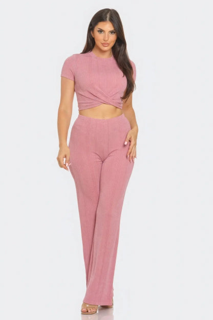 Front Twist Detail Top And Flare Pants Set CCWHOLESALECLOTHING