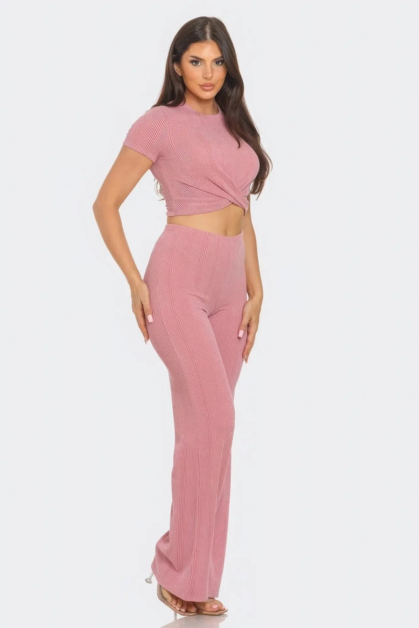 Front Twist Detail Top And Flare Pants Set CCWHOLESALECLOTHING