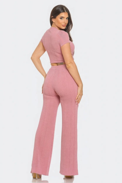 Front Twist Detail Top And Flare Pants Set CCWHOLESALECLOTHING