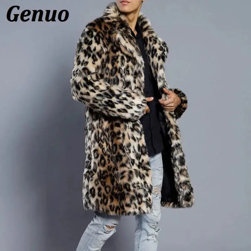 Genuo Men Leopard Print Fur Coat Winter Outwear Thick Coat Men Casual Parka Jackets Warm Long Overcoats Streetwear Clothing FZwear