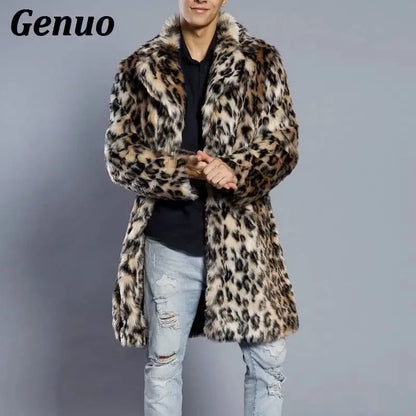 Genuo Men Leopard Print Fur Coat Winter Outwear Thick Coat Men Casual Parka Jackets Warm Long Overcoats Streetwear Clothing FZwear