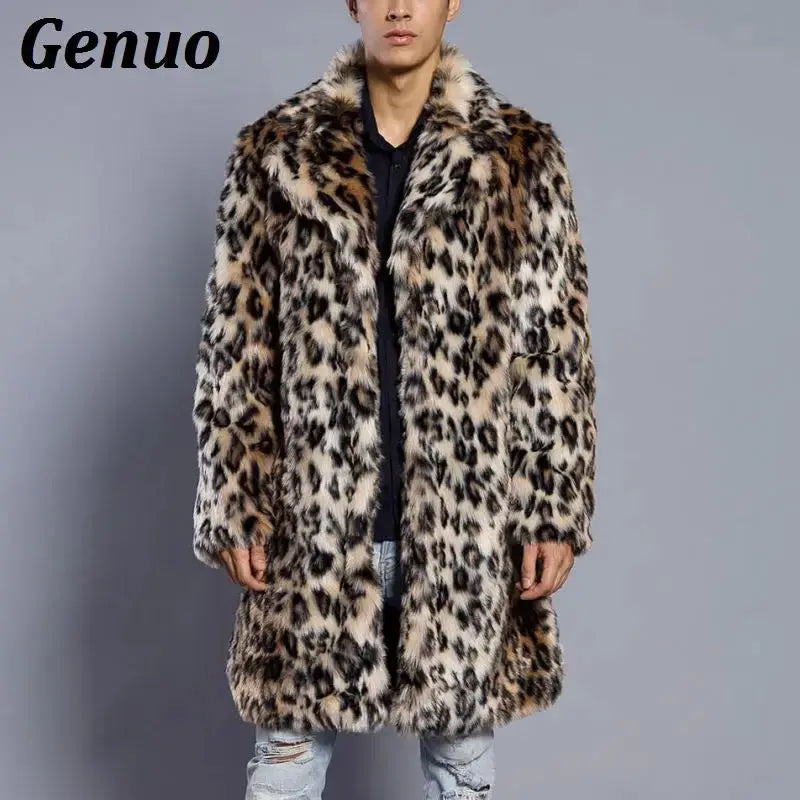 Genuo Men Leopard Print Fur Coat Winter Outwear Thick Coat Men Casual Parka Jackets Warm Long Overcoats Streetwear Clothing FZwear