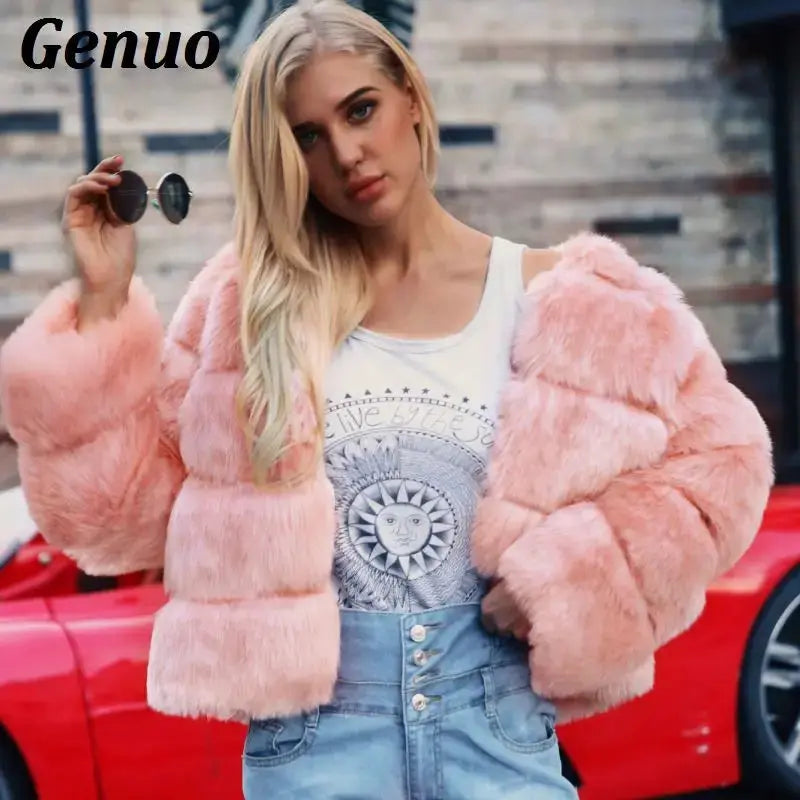 Genuo Vintage fluffy faux fur coat women Short furry fake fur winter jacket outerwear pink coat autumn casual party overcoat FZwear