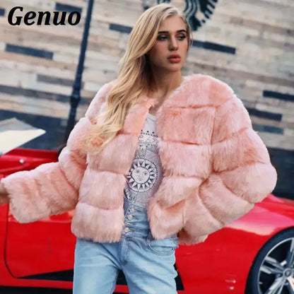 Genuo Vintage fluffy faux fur coat women Short furry fake fur winter jacket outerwear pink coat autumn casual party overcoat FZwear