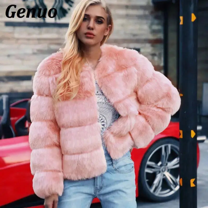 Genuo Vintage fluffy faux fur coat women Short furry fake fur winter jacket outerwear pink coat autumn casual party overcoat FZwear