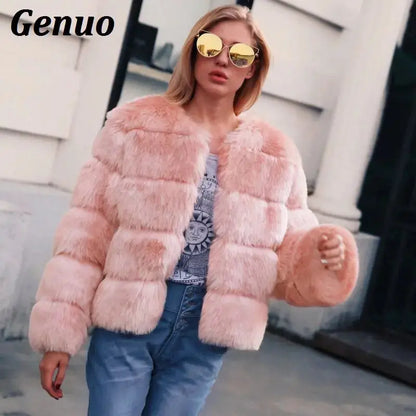 Genuo Vintage fluffy faux fur coat women Short furry fake fur winter jacket outerwear pink coat autumn casual party overcoat FZwear