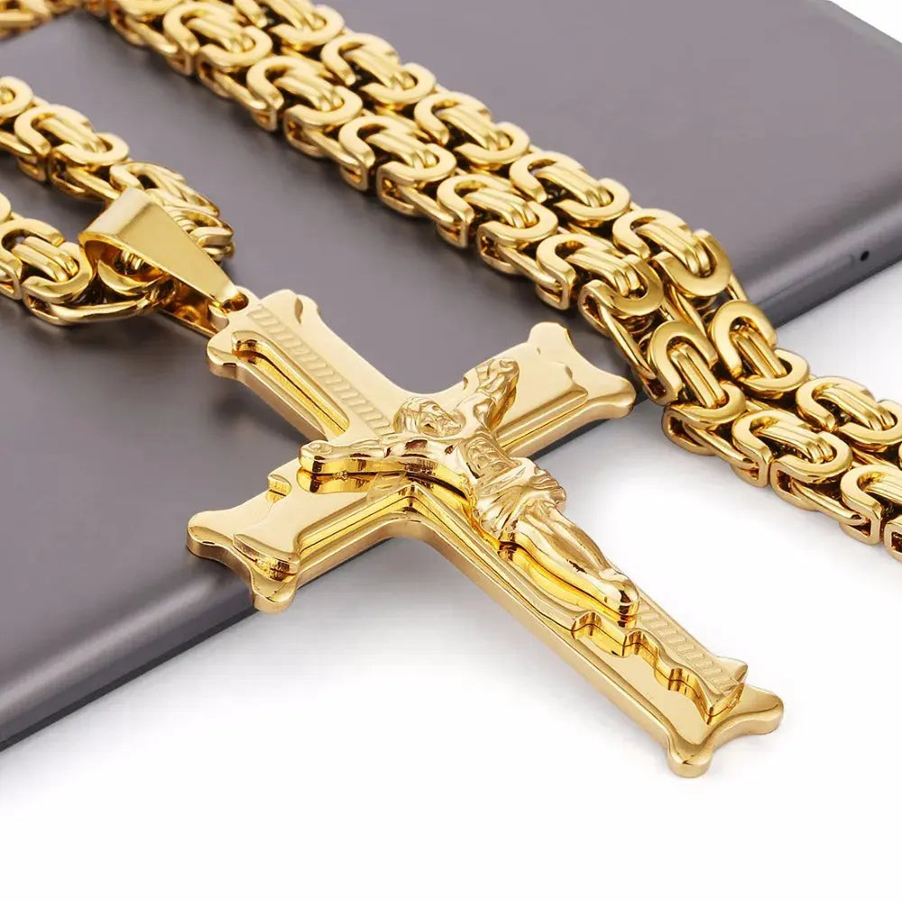 FZ Cross Pendant 6mm Link Gold Color Stainless Steel Necklace - FZwear