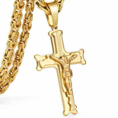 Gold Color Stainless Steel Jesus Cross Pendant Necklace 6mm Link Byzantine Chain Necklace Long Heavy Men Jewelry collares MN68 FZwear