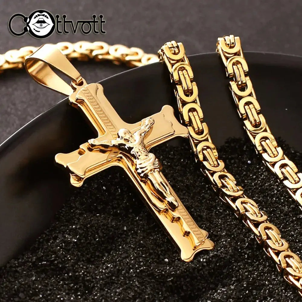 Gold Color Stainless Steel Jesus Cross Pendant Necklace 6mm Link Byzantine Chain Necklace Long Heavy Men Jewelry collares MN68 FZwear