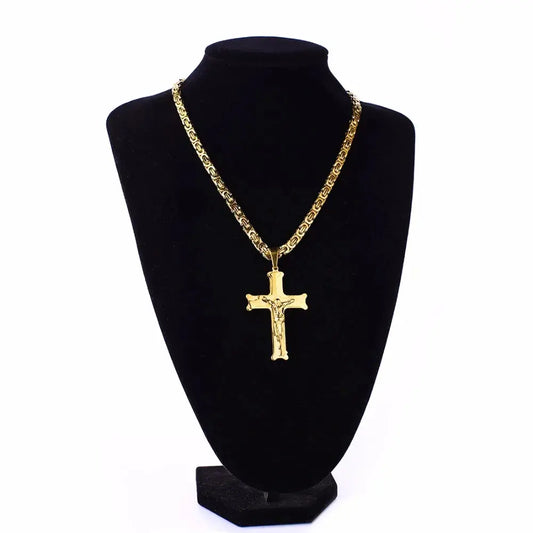 Gold Color Stainless Steel Jesus Cross Pendant Necklace 6mm Link Byzantine Chain Necklace Long Heavy Men Jewelry collares MN68 FZwear